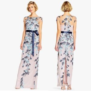 Adrianna Papell Floral Embroidered Dress in Blue and Cream